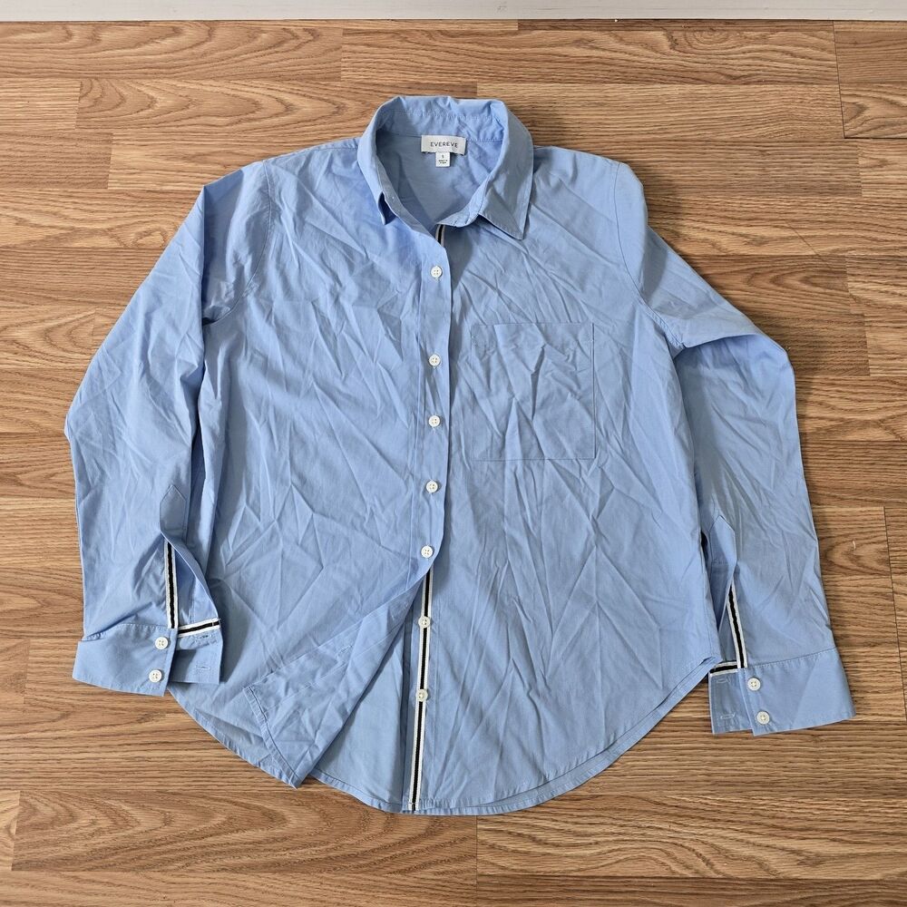 Evereve Boyfriend Shirt Blue Chest Pocket Long Sleeve Button Up Sz S Oversized